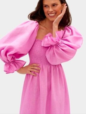 Sleeper Atlanta Puff Sleeve Linen Dress In Pink XL